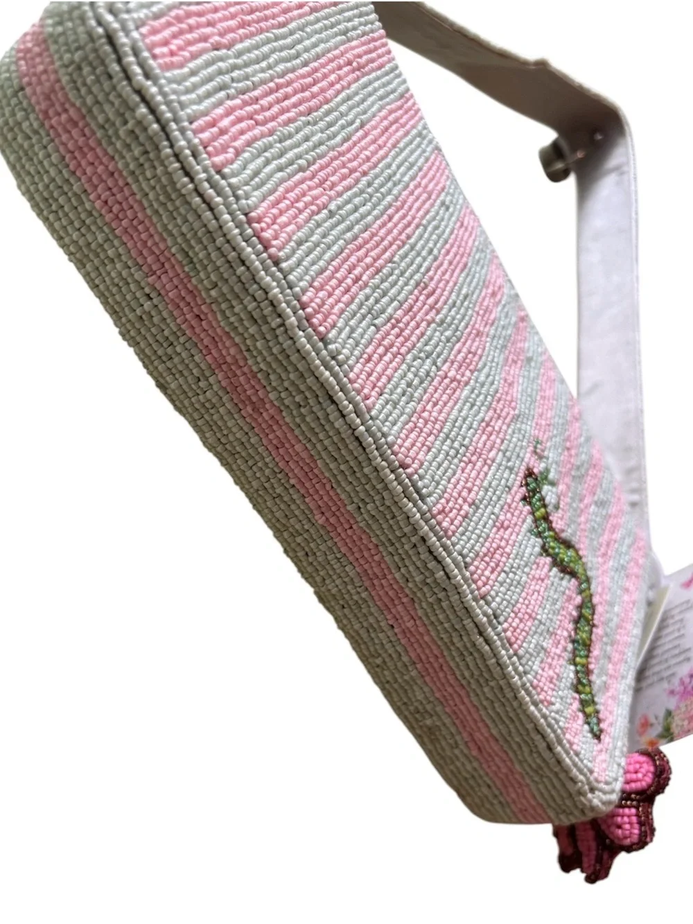 Pink & Mint Green Beaded Garden Insect Motif Shoulder Bag - Picture 3 of 7